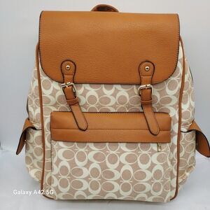 Signature Monogram Backpack Brown Tan Pebbled Faux Leather Buckle Flap Bag